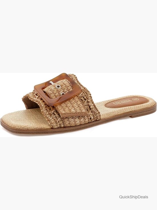 Shoes - Raffia Flat Sandals Square Toe Slide Slip On Summer Beach